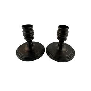 Vintage Baldwin Stepped Round Candlestick Holders Chestnut Finish Set of 2